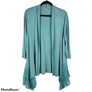 LOGO Green Swiss Dot Ruffle Open Cardigan Sz L Soft teal color